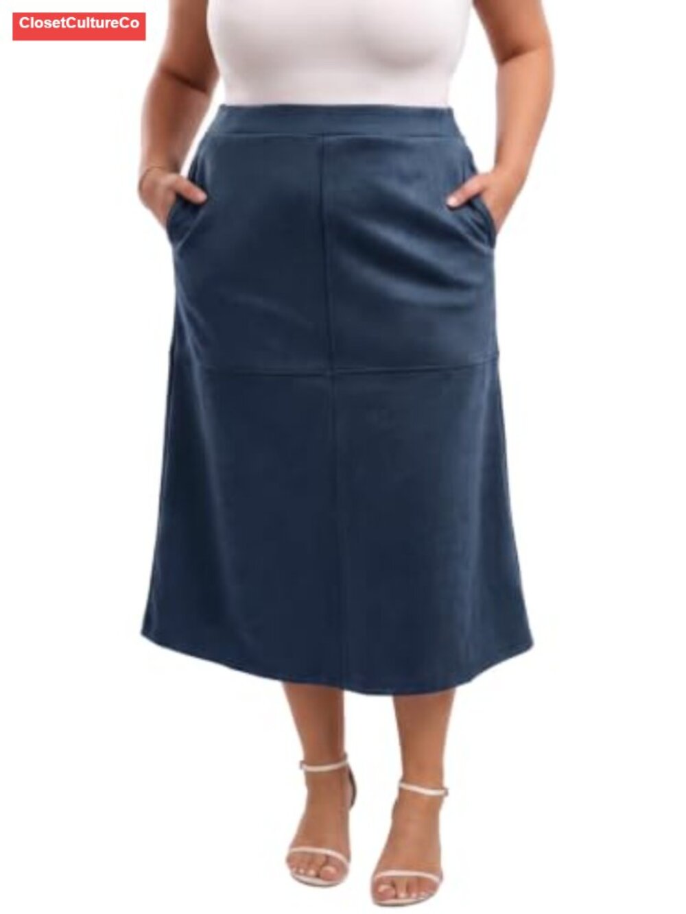 Faux Suede A-Line High Waist Midi Skirt with Pockets